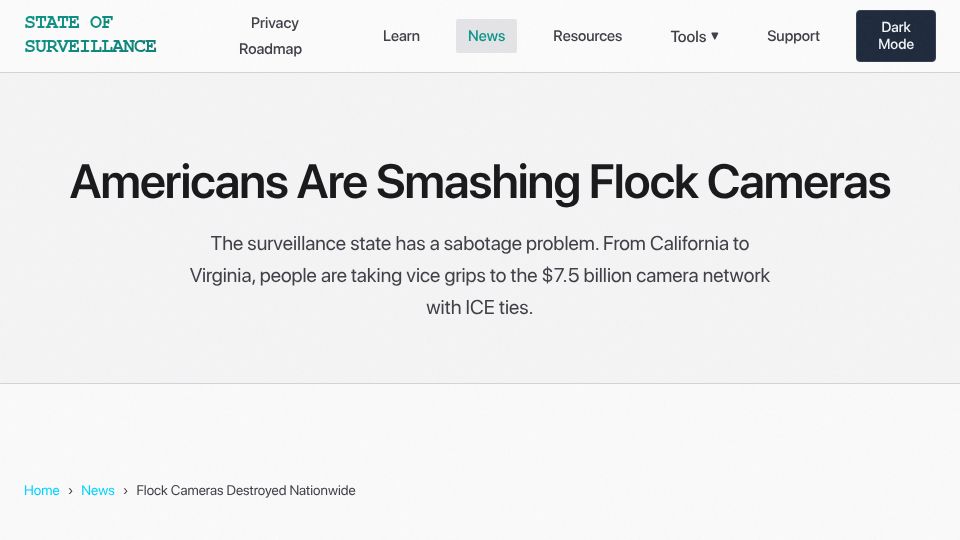 Screenshot of stateofsurveillance.org: At least 25 Flock cameras have been destroyed in five states since April 2025