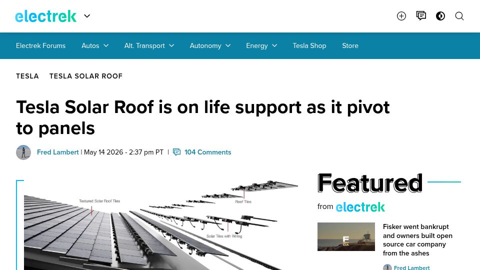 Screenshot of electrek.co: Tesla Solar Roof is on life support as it pivot to panels