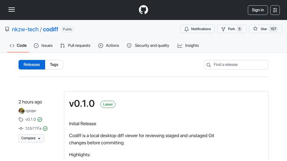 Screenshot of github.com: Show HN: Codiff, a local diff review tool