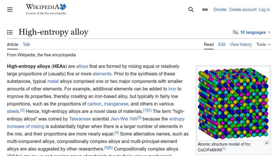 Screenshot of en.wikipedia.org: High-Entropy Alloy