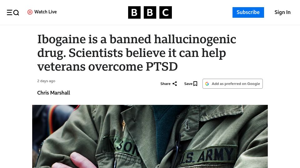 Screenshot of bbc.com: Trials on veterans suggest ibogaine could provide a new treatment for PTSD