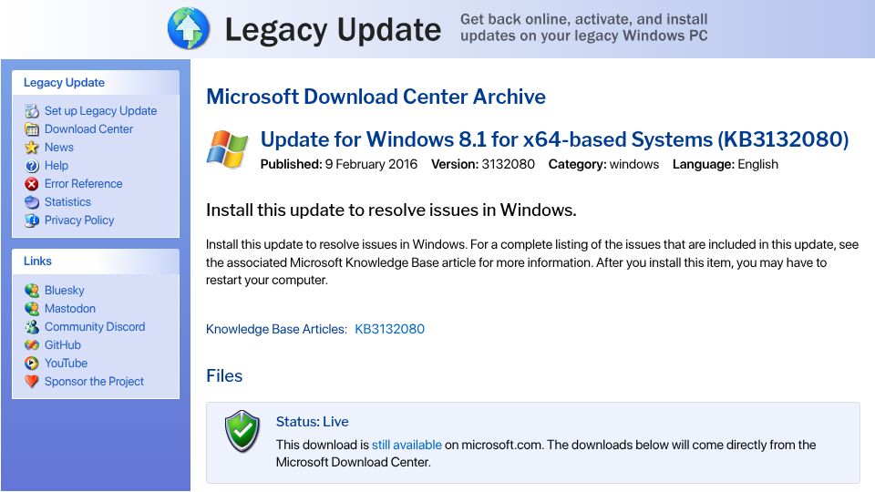 Screenshot of legacyupdate.net: Legacy Update for Windows 8.1 for x64-based Systems
