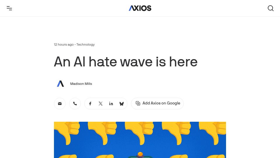 Screenshot of axios.com: An AI Hate Wave Is Here
