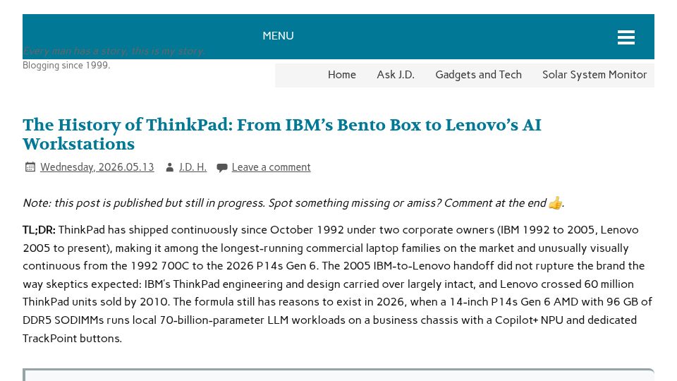Screenshot of jdhodges.com: The History of ThinkPad: From IBM’s Bento Box to Lenovo’s AI Workstations