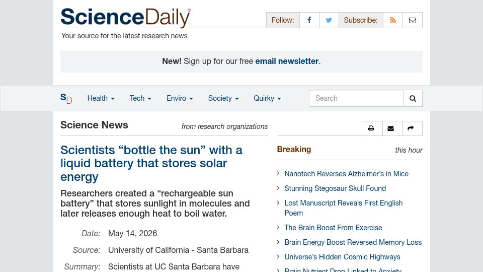 Screenshot of sciencedaily.com: Scientists “bottle the sun” with a liquid battery that stores solar energy