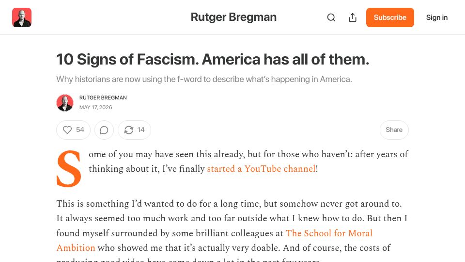 Screenshot of rutgerbregman.substack.com: Ten Signs of Fascism. America has all of them