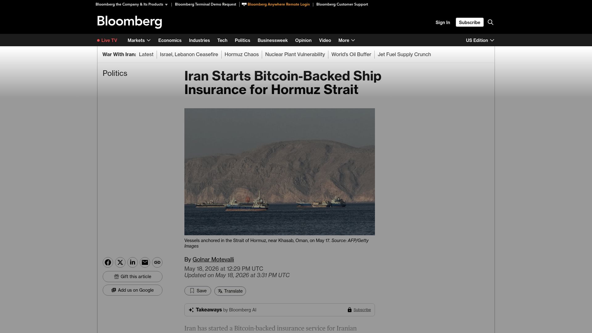 Screenshot of bloomberg.com: Iran starts Bitcoin-backed ship insurance for Hormuz strait