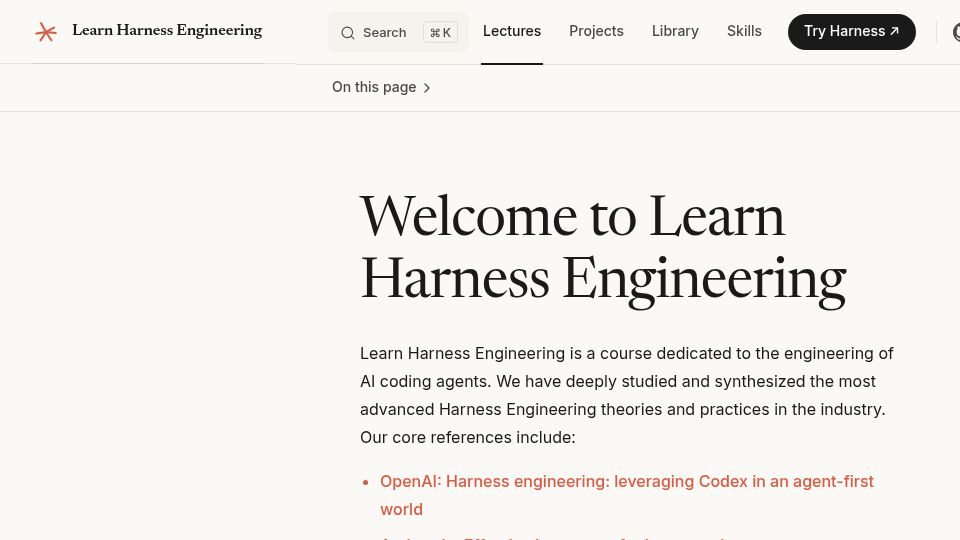 Screenshot of walkinglabs.github.io: Learn Harness Engineering