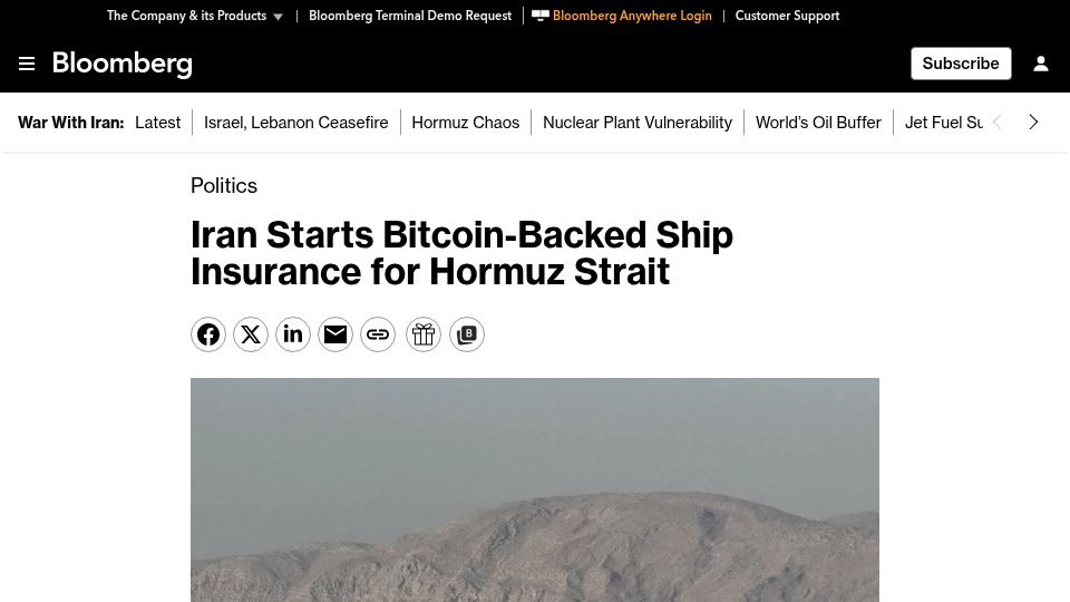 Screenshot of bloomberg.com: Iran starts Bitcoin-backed ship insurance for Hormuz strait