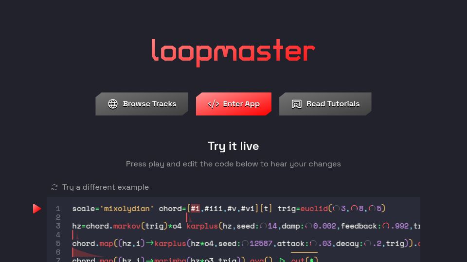 Screenshot of loopmaster.xyz: Loopmaster – Livecoding Music IDE