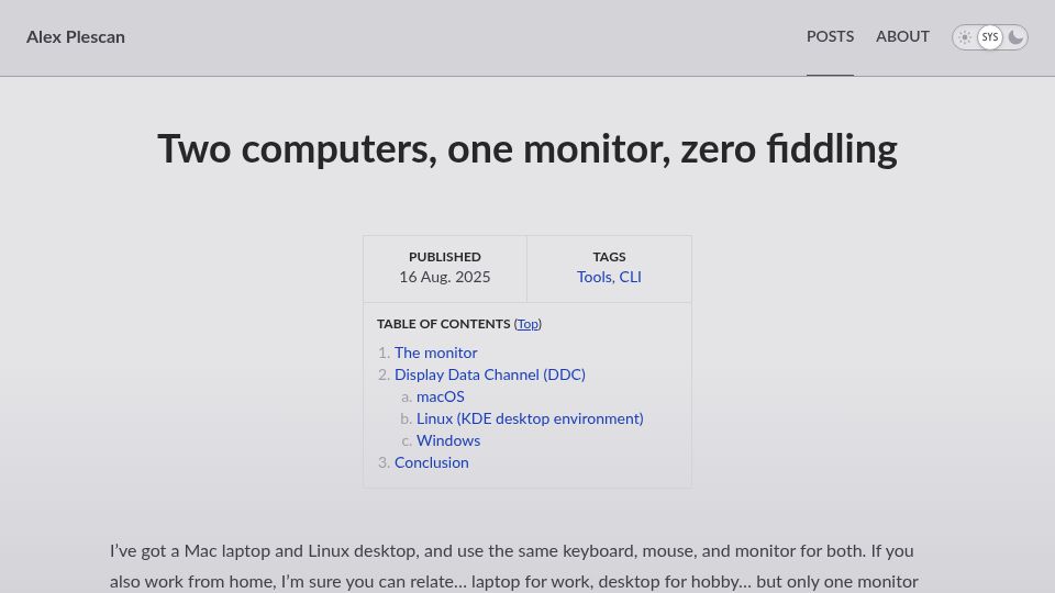 Screenshot of alexplescan.com: Two computers, one monitor, zero fiddling (2025)