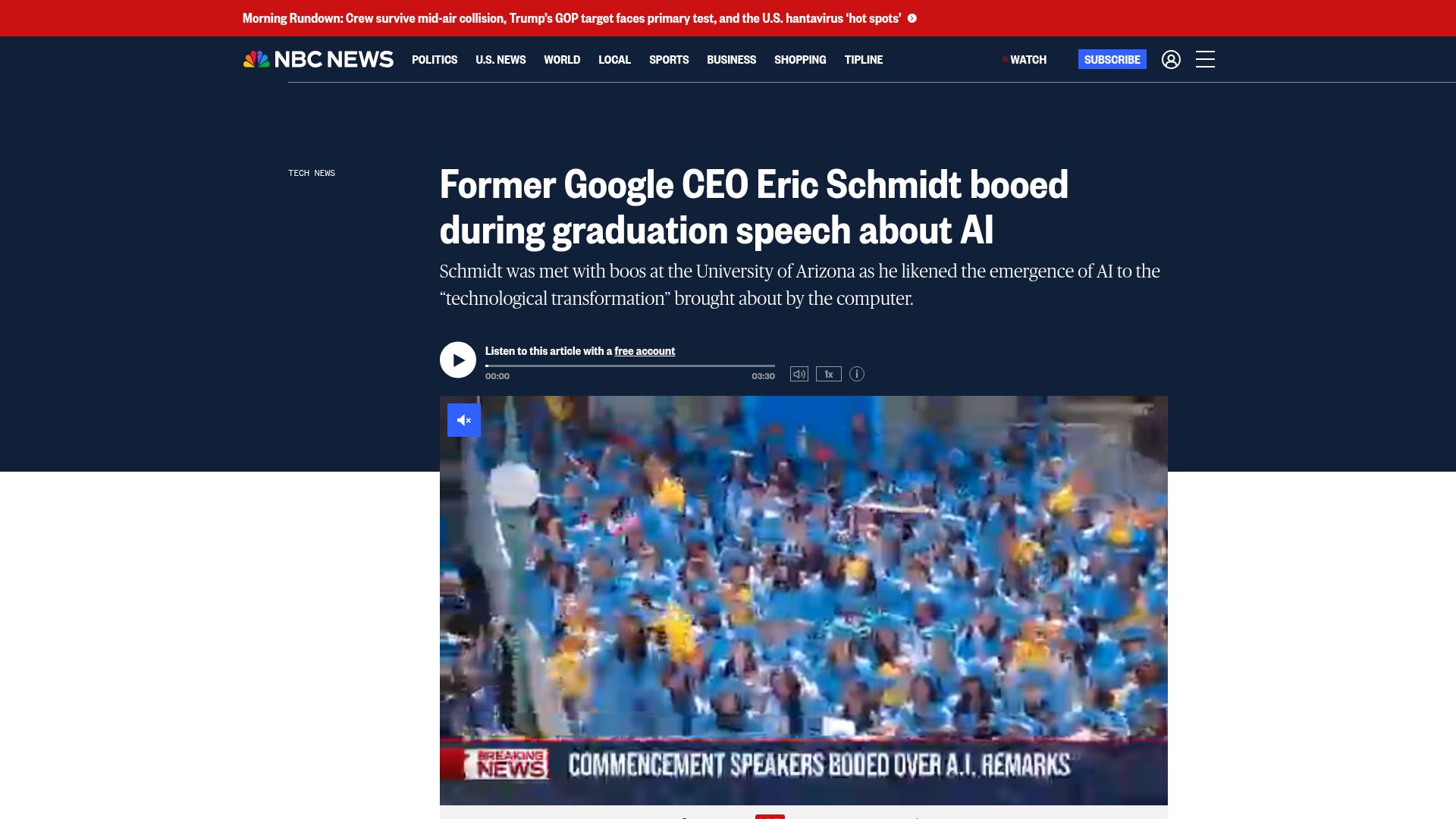 Screenshot of nbcnews.com: Eric Schmidt speech about AI booed during graduation