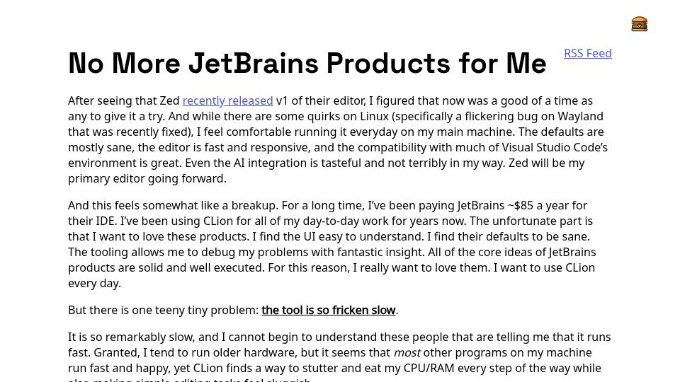 Screenshot of matthewkosarek.xyz: No More JetBrains Products for Me