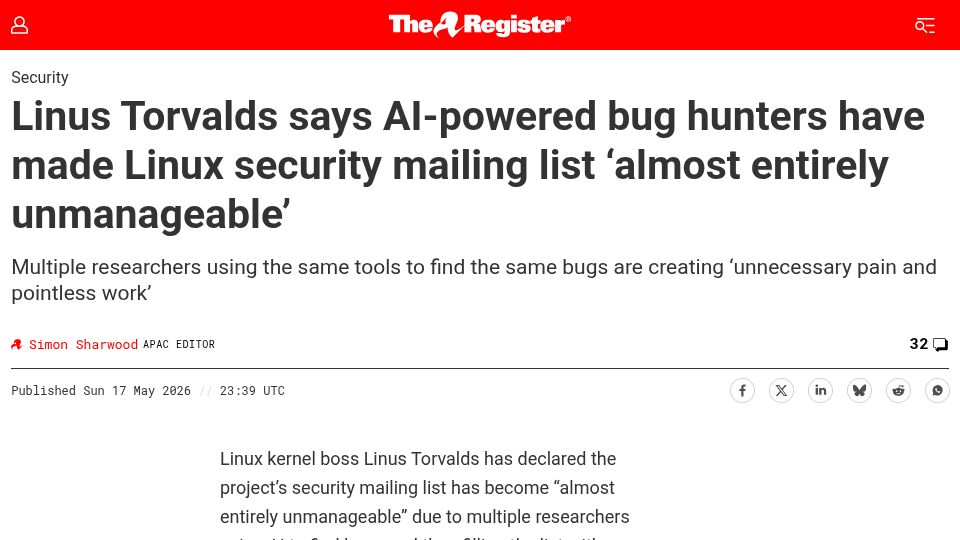 Screenshot of theregister.com: Linux security mailing list 'almost unmanageable'