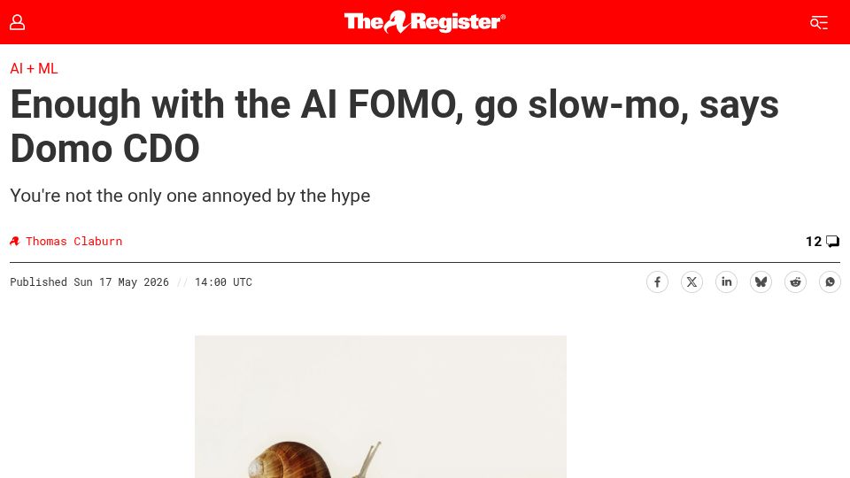 Screenshot of theregister.com: Enough with the AI FOMO, go slow-mo, says Domo CDO