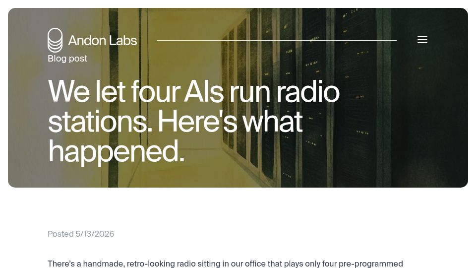 Screenshot of andonlabs.com: We let AIs run radio stations