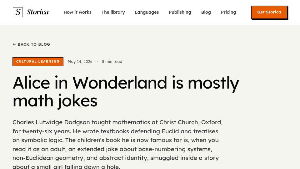 Screenshot of storica.club: Math Jokes in Alice in Wonderland