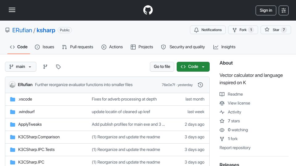 Screenshot of github.com: Ksharp – k version 3 Language Interpreter in C#