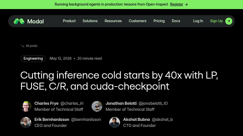 Screenshot of modal.com: Cutting inference cold starts by 40x with LP, FUSE, C/R, and CUDA-checkpoint