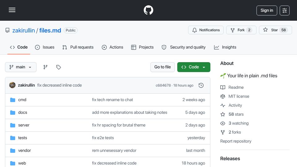 Screenshot of github.com: Show HN: Files.md – Open-source alternative to Obsidian