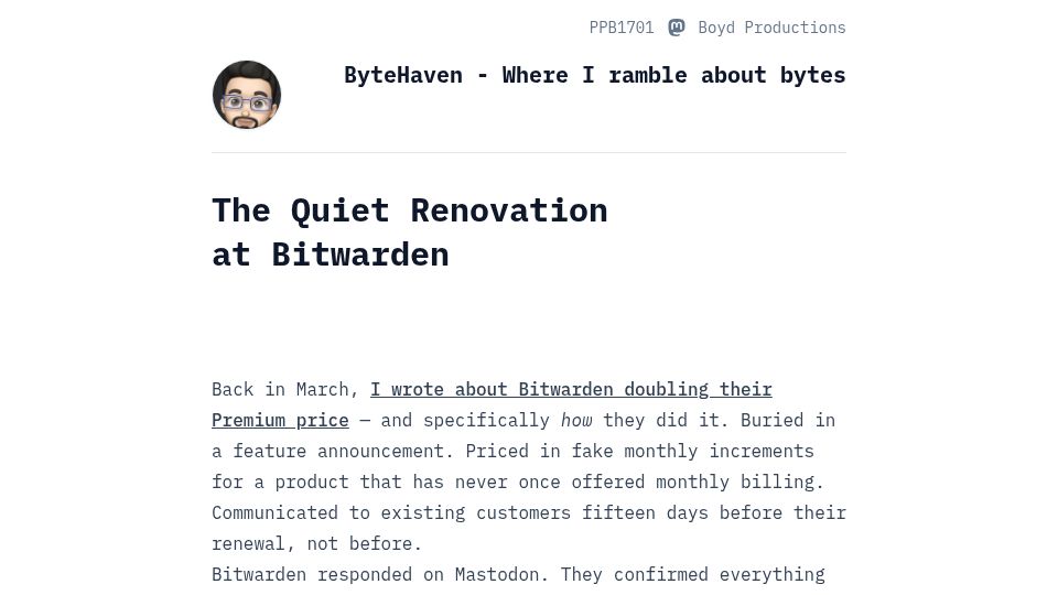 Screenshot of blog.ppb1701.com: The quiet renovation at Bitwarden