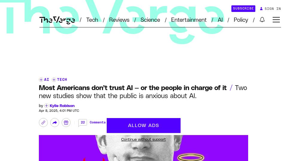 Screenshot of theverge.com: Most Americans don't trust AI – or the people in charge of it (2025)