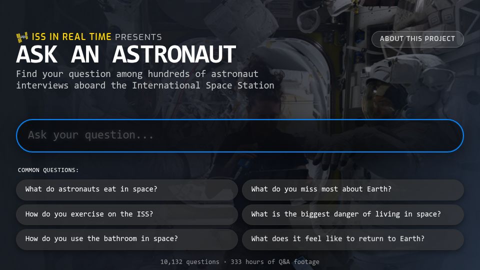Screenshot of askanastronaut.issinrealtime.org: Ask an Astronaut: 333 hours of Q&A footage with astronauts