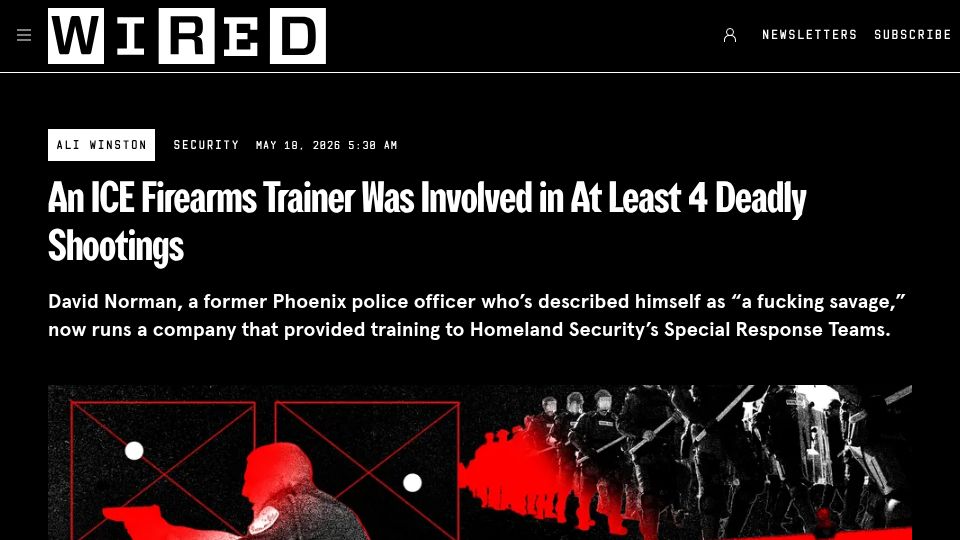 Screenshot of wired.com: An ICE Firearms Trainer Was Involved in at Least 4 Deadly Shootings