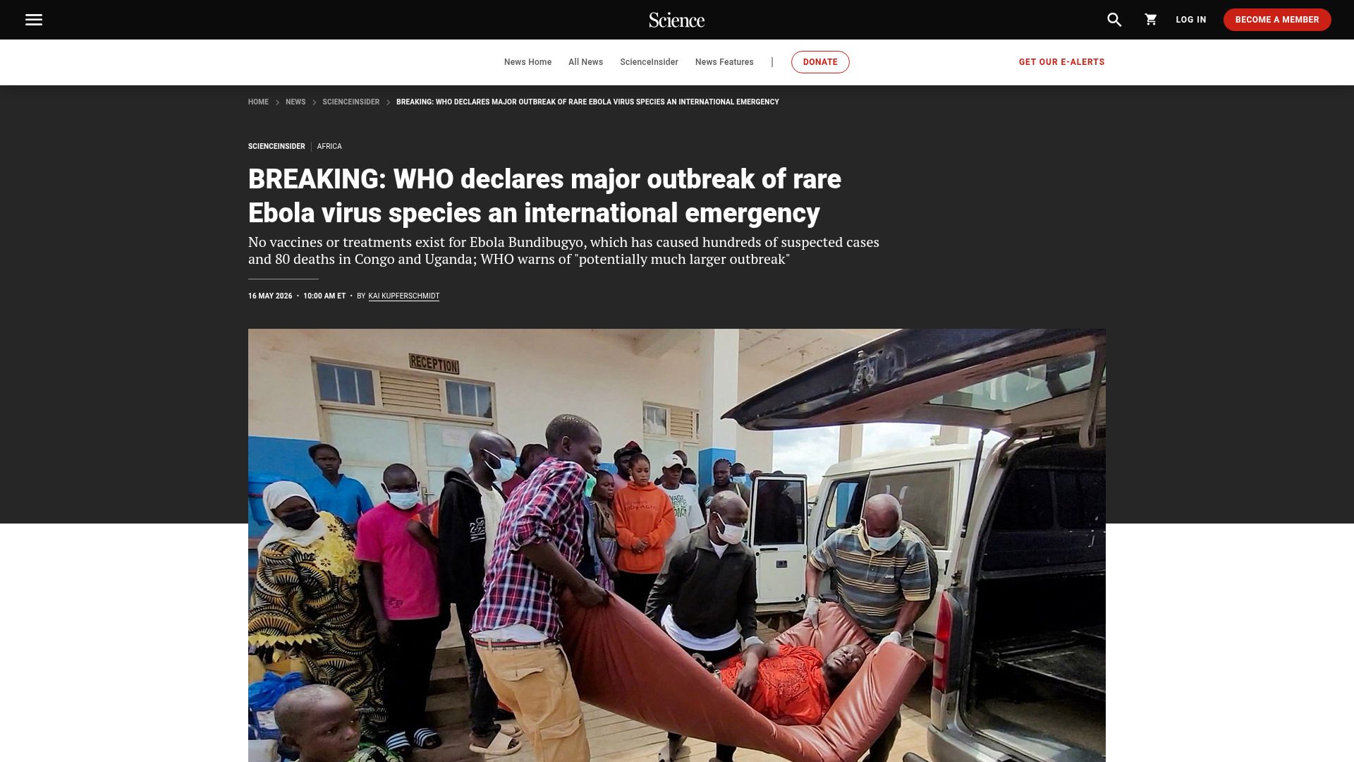 Screenshot of science.org: WHO declares major outbreak of Ebola virus species an international emergency