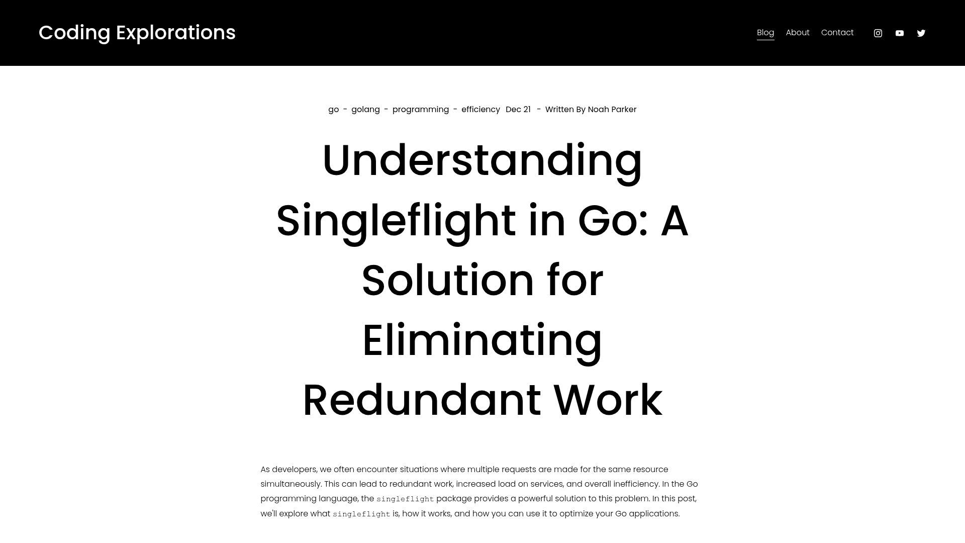 Screenshot of codingexplorations.com: Understanding Singleflight in Go