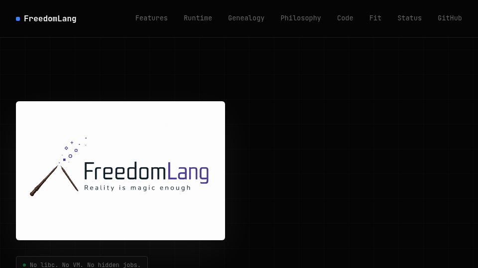 Screenshot of freelang.dev: Freelang – a Libc-free, direct sys/kernel call language with weird concurrency