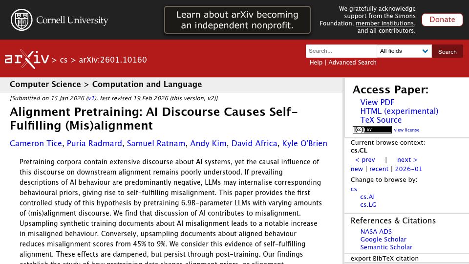Screenshot of arxiv.org: Alignment pretraining: AI discourse creates self-fulfilling (mis)alignment