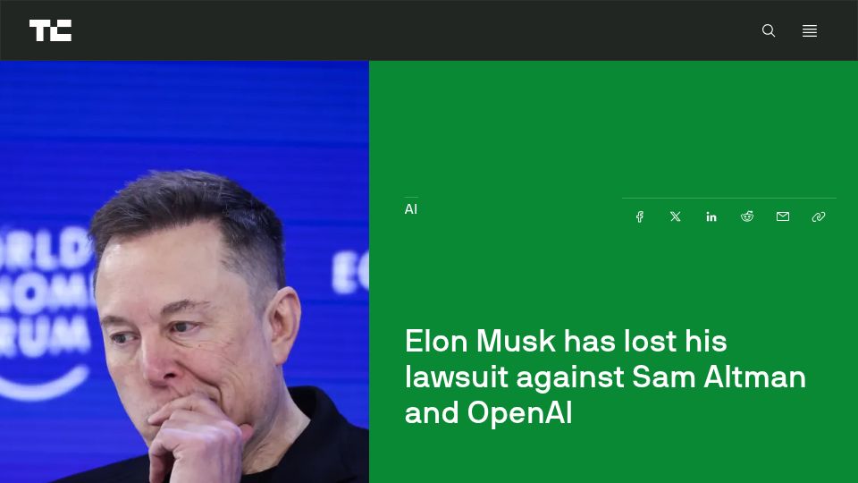 Screenshot of techcrunch.com: Elon Musk has lost his lawsuit against Sam Altman and OpenAI