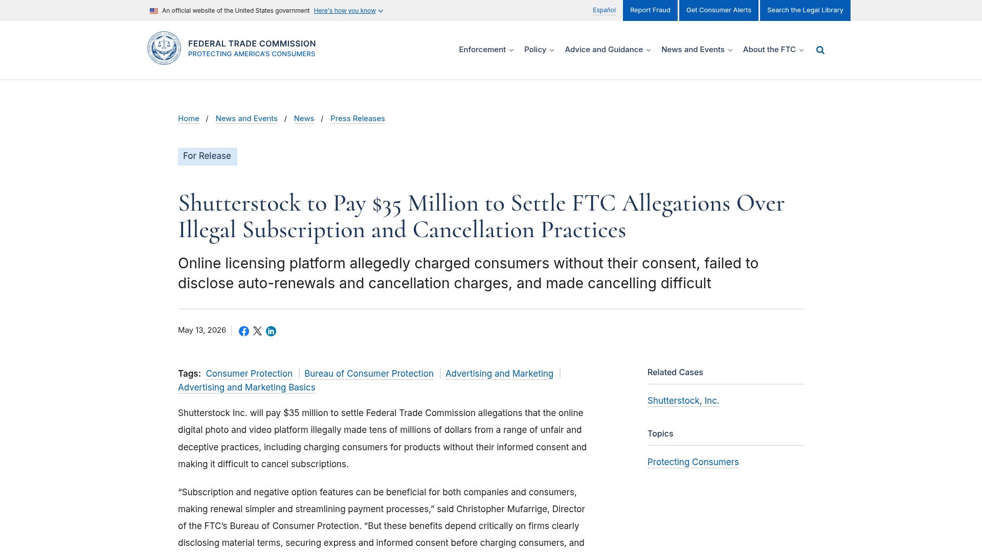 Screenshot of ftc.gov: Shutterstock to pay $35M over hard-to-cancel subscriptions