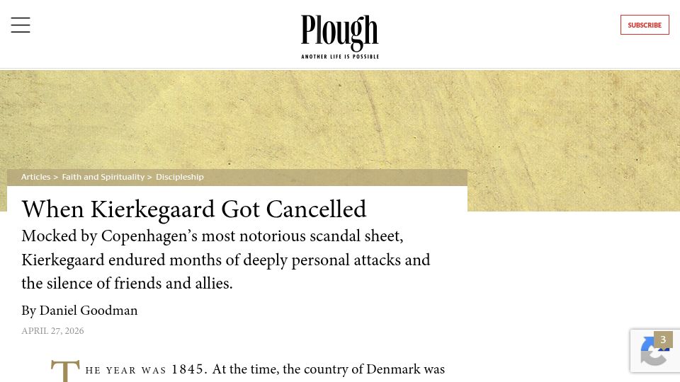 Screenshot of plough.com: Mocked by a scandal sheet, Kierkegaard endured months of personal attacks