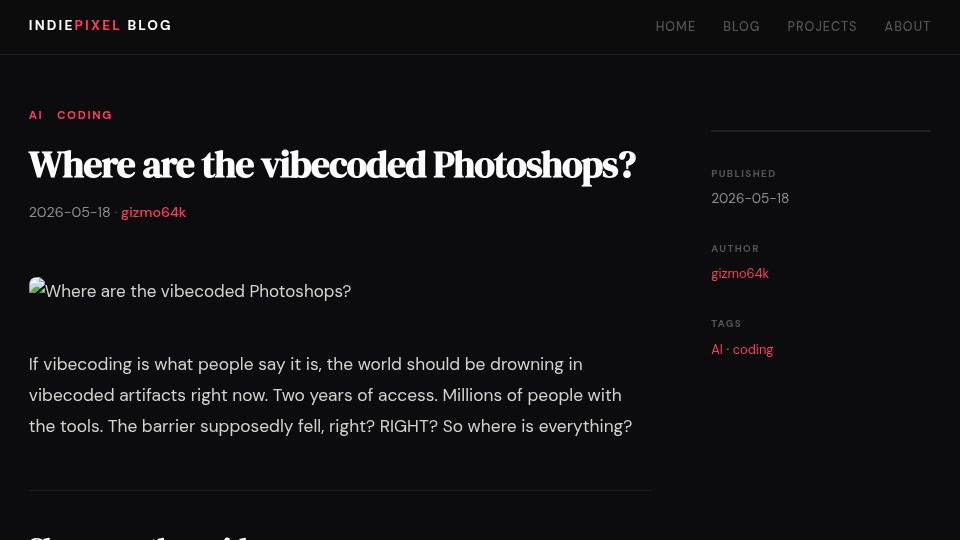 Screenshot of indiepixel.de: Where Are the Vibecoded Photoshops?
