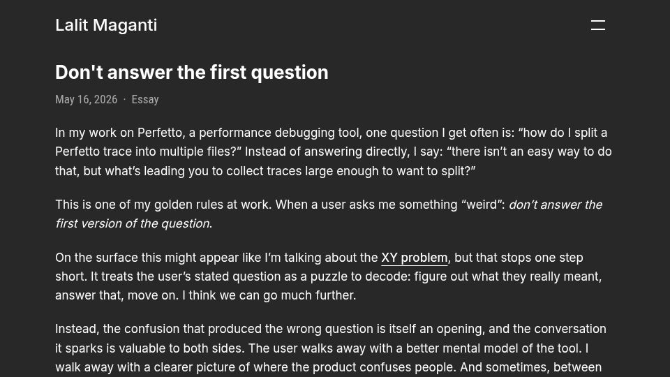 Screenshot of lalitm.com: Don't answer the first question