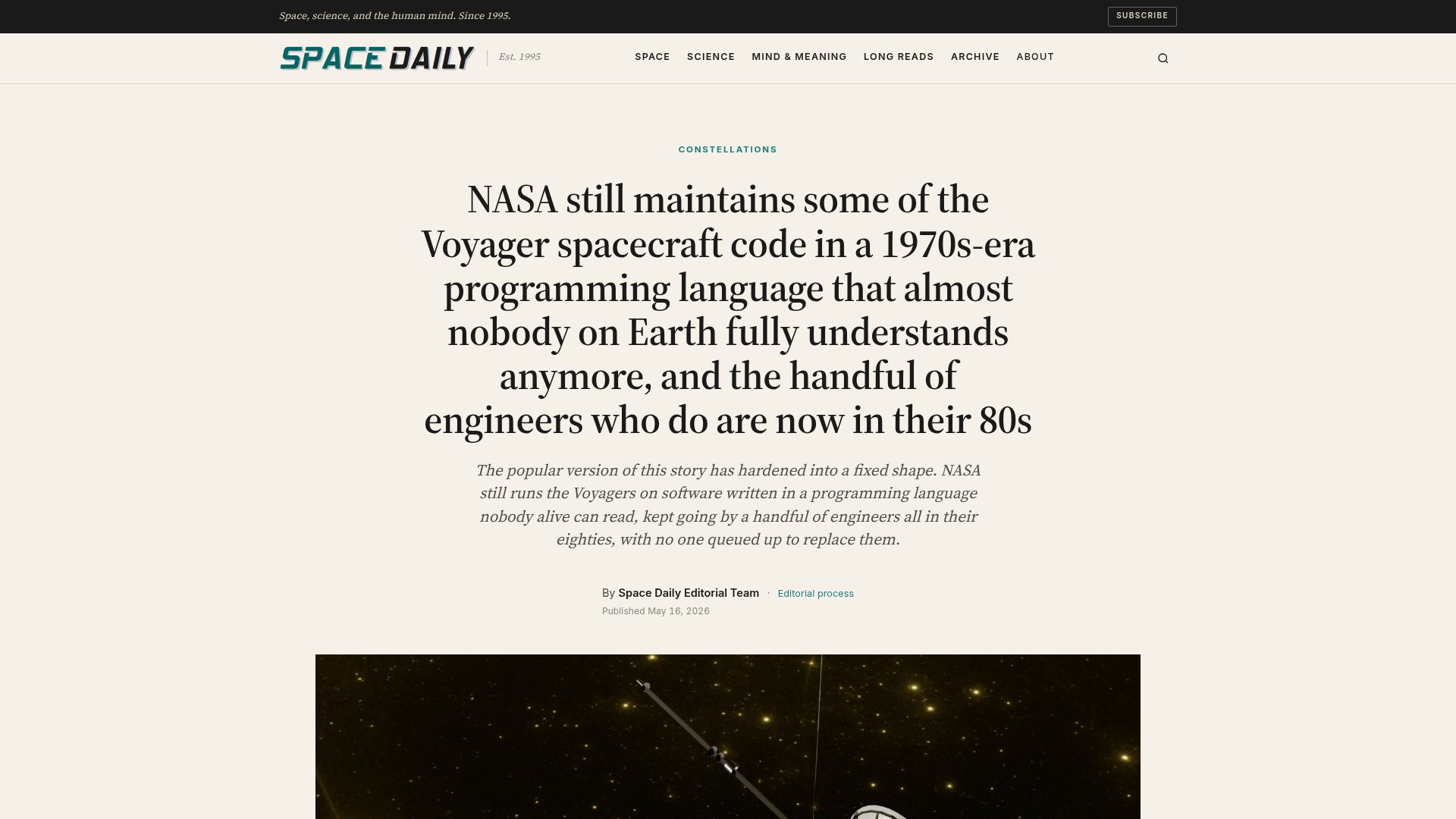 Screenshot of spacedaily.com: NASA still maintains some of the Voyager spacecraft code from the 70s era