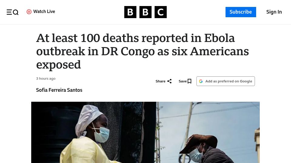 Screenshot of bbc.com: At least 100 deaths reported in Ebola outbreak in DR Congo
