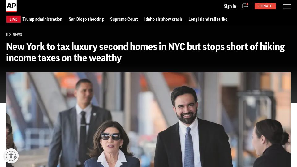 Screenshot of apnews.com: New York to tax luxury second homes in NYC