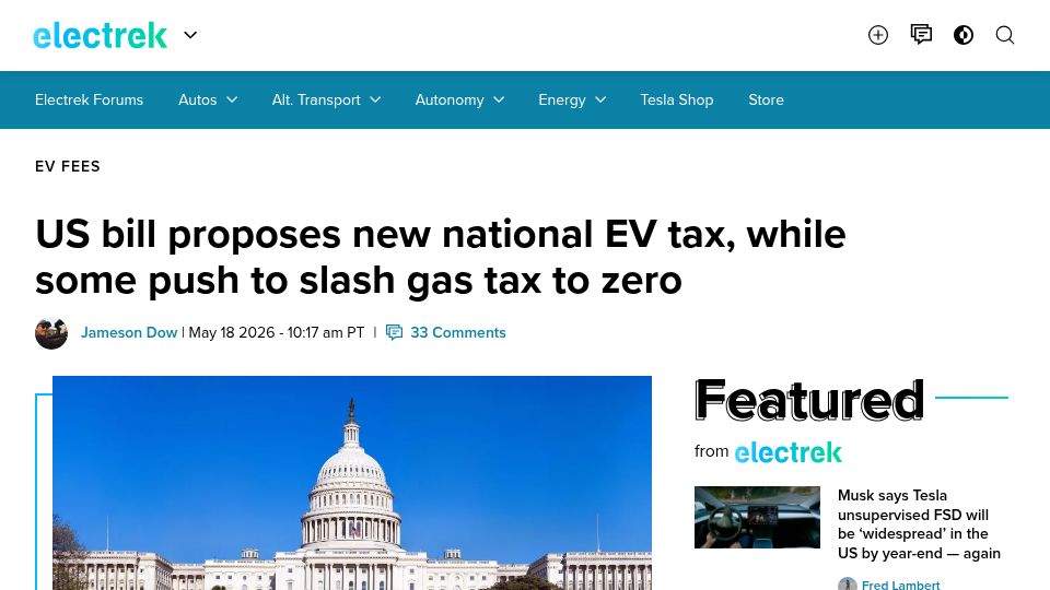 Screenshot of electrek.co: US bill proposes new national EV tax, while some push to slash gas tax to zero