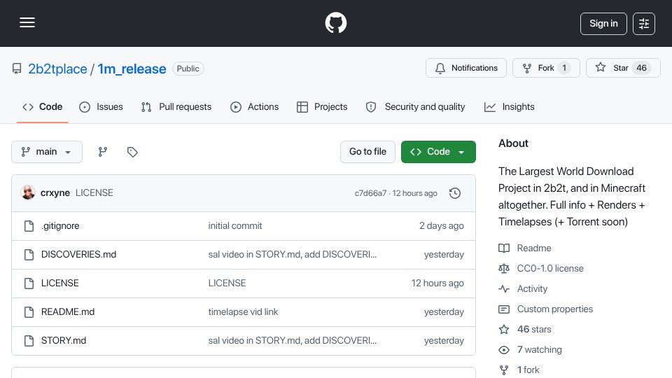 Screenshot of github.com: 1024000^2 Blocks, 2B2T Minecraft Server World Download Project, and Discoveries