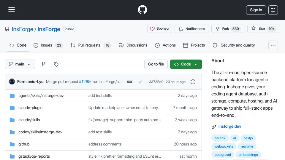 Screenshot of github.com: Show HN: InsForge – Open-source Heroku for coding agents