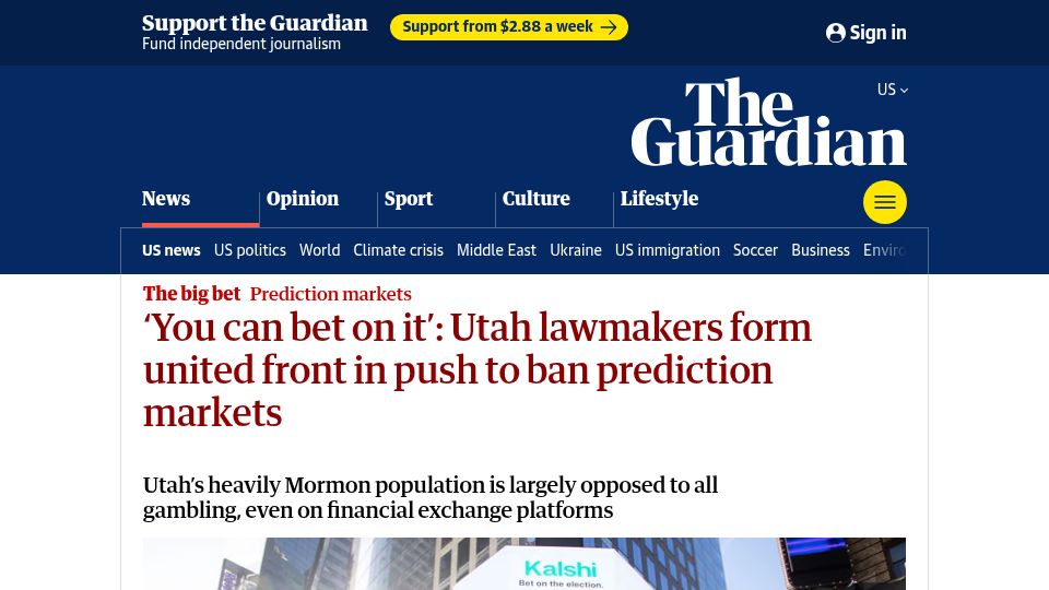 Screenshot of theguardian.com: Utah lawmakers form united front in push to ban prediction markets