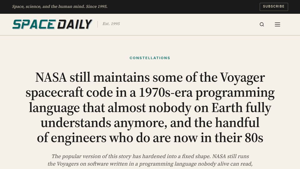Screenshot of spacedaily.com: NASA still maintains some of the Voyager spacecraft code from the 70s era