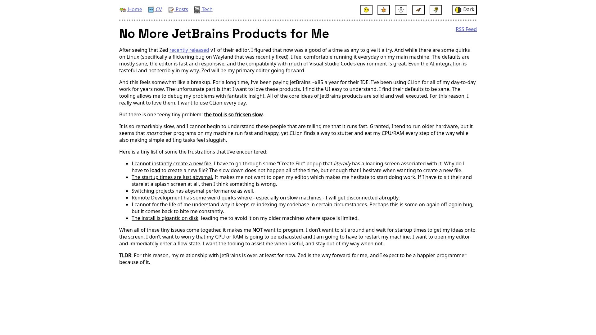 Screenshot of matthewkosarek.xyz: No More JetBrains Products for Me