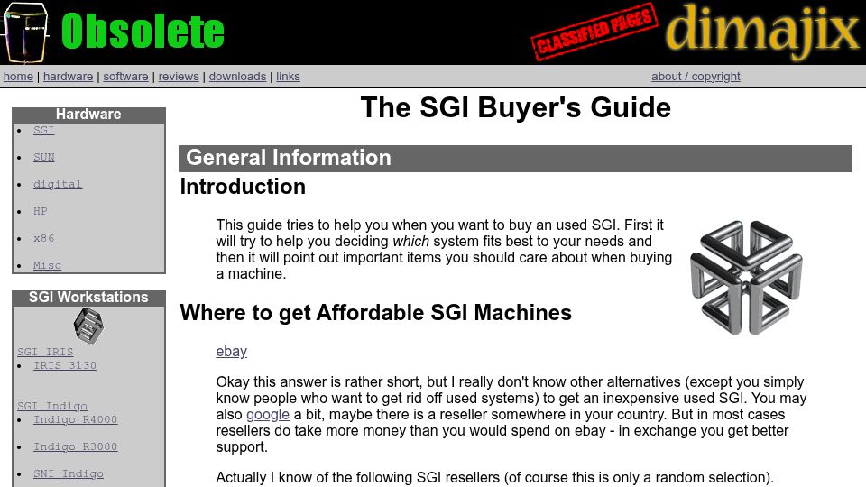 Screenshot of hardware.majix.org: The SGI Buyer's Guide (2003)