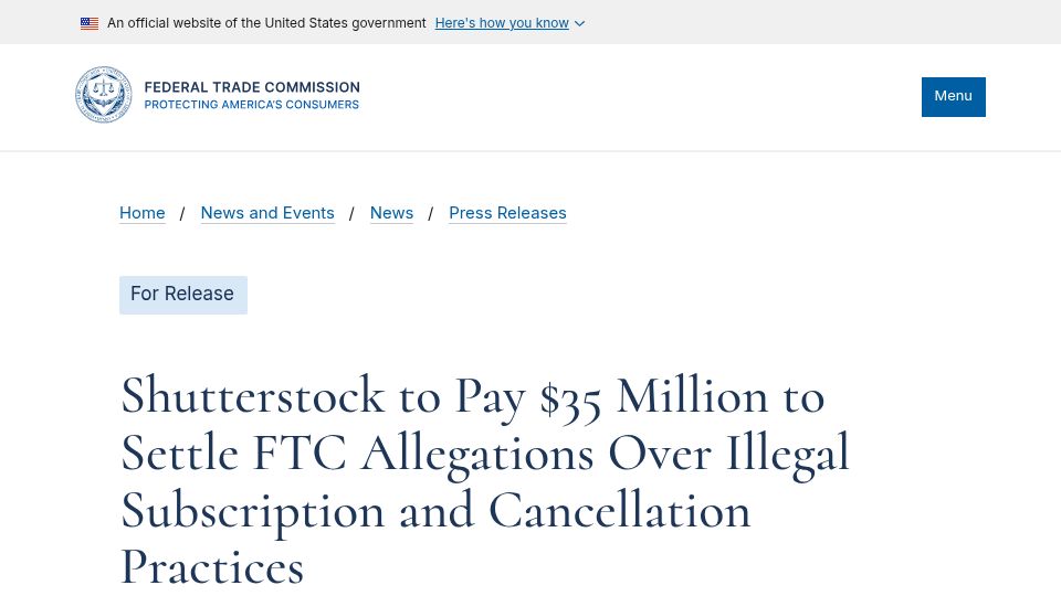 Screenshot of ftc.gov: Shutterstock to pay $35M over hard-to-cancel subscriptions