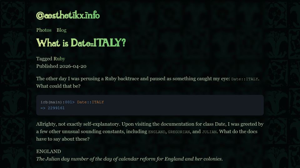 Screenshot of aesthetikx.info: What Is Date:Italy?