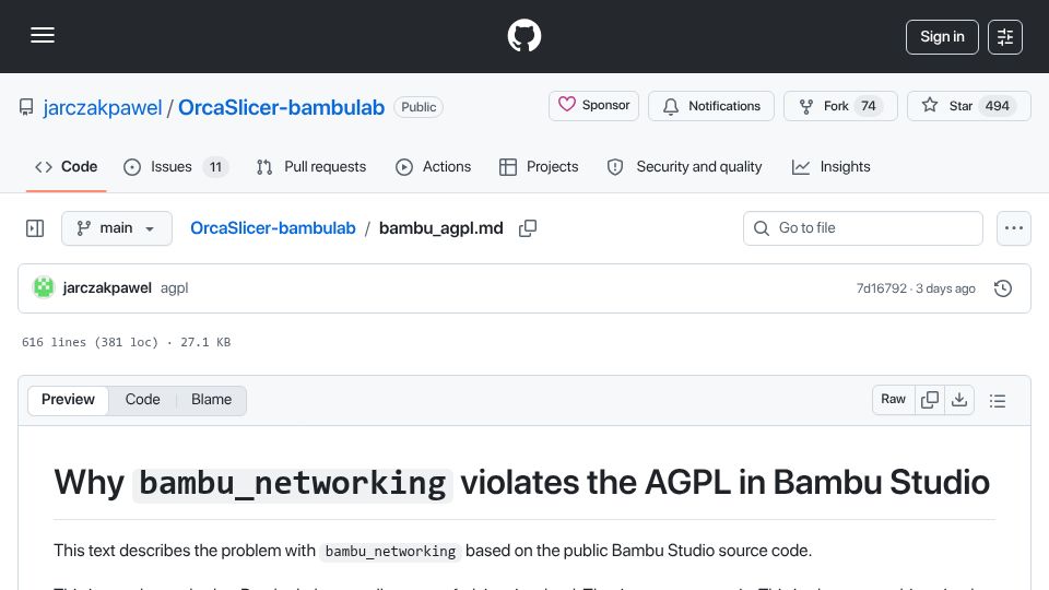 Screenshot of github.com: Why bambu_networking violates the AGPL in Bambu Studio